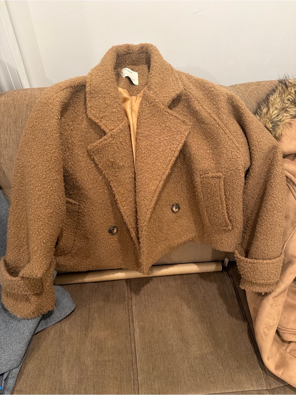 H&M Cropped Teddy Jacket in Warm Brown